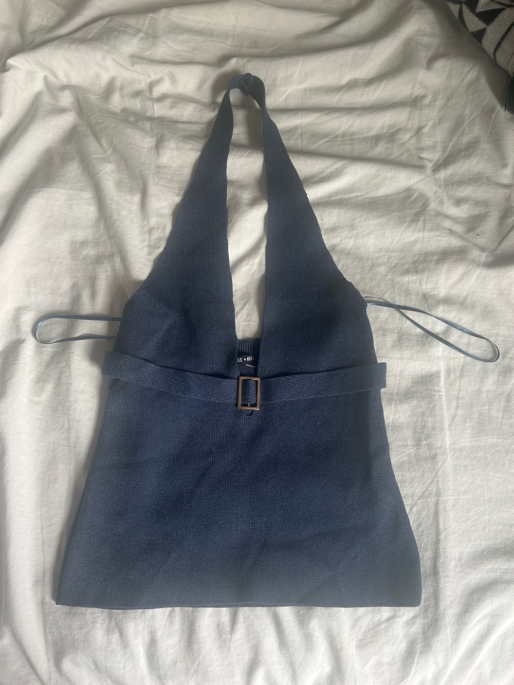 Knit Halter Top with Buckle Detail - Blue